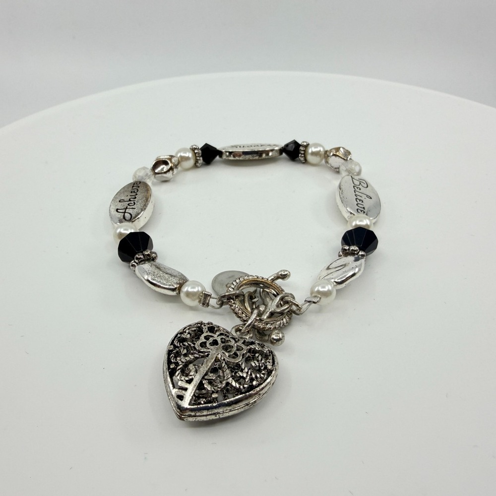 Vintage Silver Tone Filigree Heart Charm Toggle Beaded Bracelet 90s